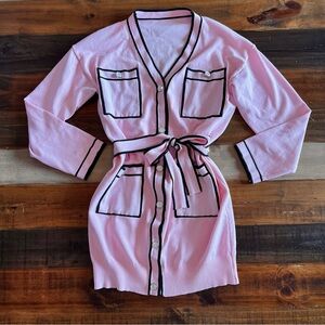 Pink black long cardigan button down tie bow sweater small